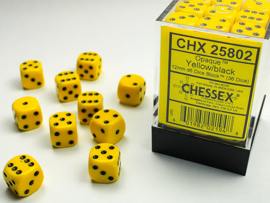 Chessex: Opaque Yellow/White 12mm D6 Dice Block (36 dice)