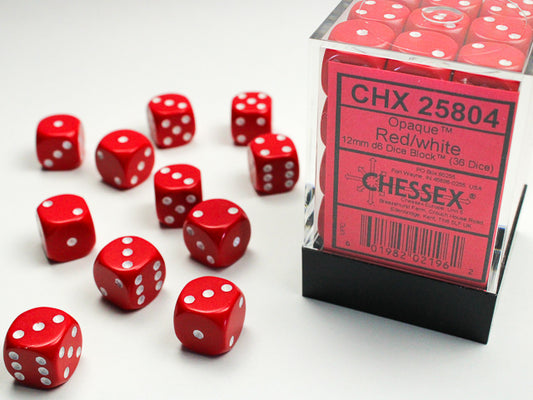 Chessex: Opaque Red/White 12mm D6 Dice Block (36 dice)