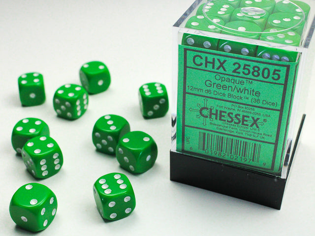 Chessex: Opaque Green/White 12mm D6 Dice Block (36 dice)