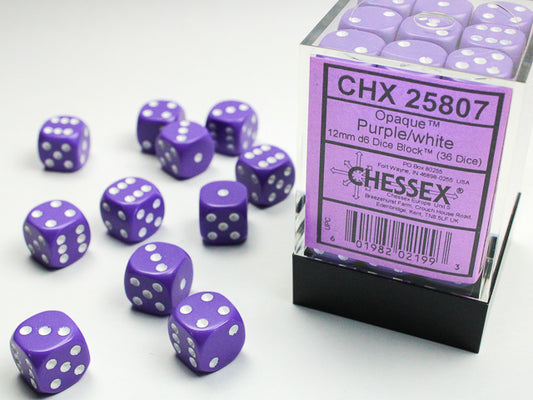 Chessex: Opaque Purple/White 12mm D6 Dice (36 dice)
