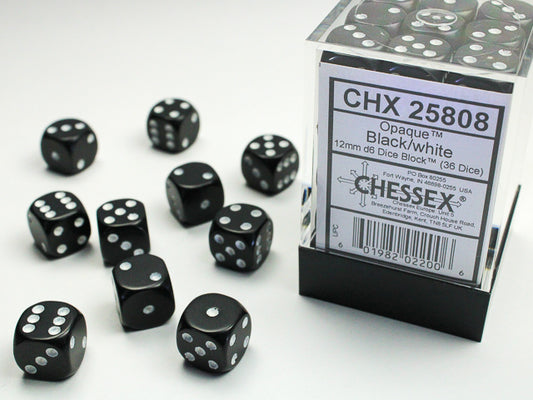 Chessex: Opaque Black/White 12mm D6 Dice Block (36 dice)