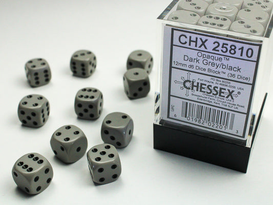 Chessex: Opaque Dark Grey/Black 12mm D6 Dice Block (36 dice)