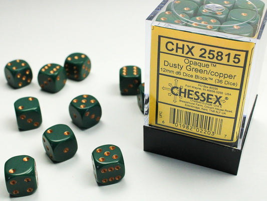 Chessex: Opaque Dusty Green/Copper 12mm D6 Dice Block (36 dice)