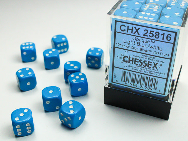 Chessex: Opaque Light Blue/White 12mm D6 Dice Block (36 dice)