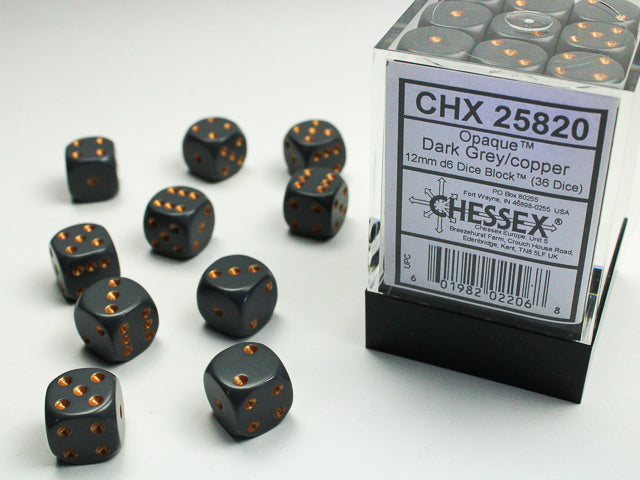 Chessex: Opaque Dark Grey/Copper 12mm D6 Dice Block (36 dice)