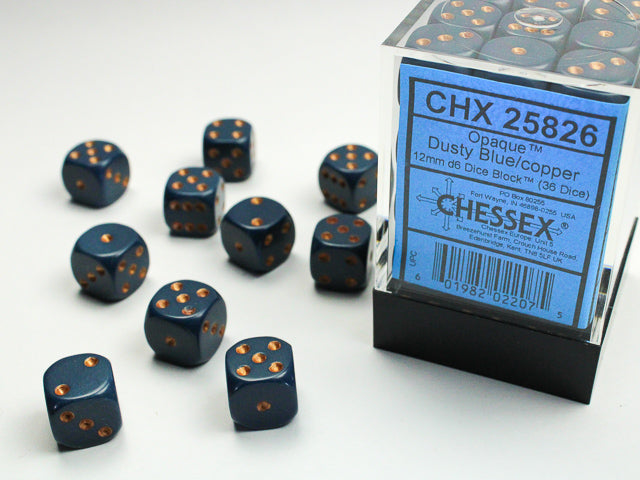 Chessex: Opaque Dusty Blue/Copper 12mm D6 Dice Block (36 dice)