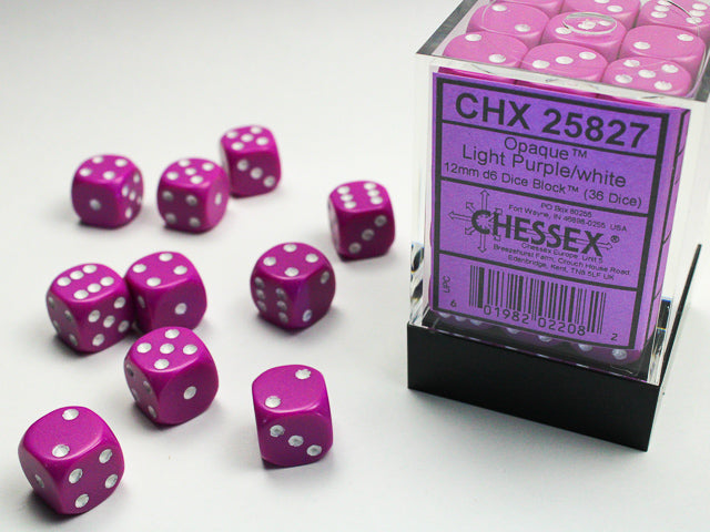 Chessex: Opaque Light Purple/White 12mm D6 Dice Block (36 dice)