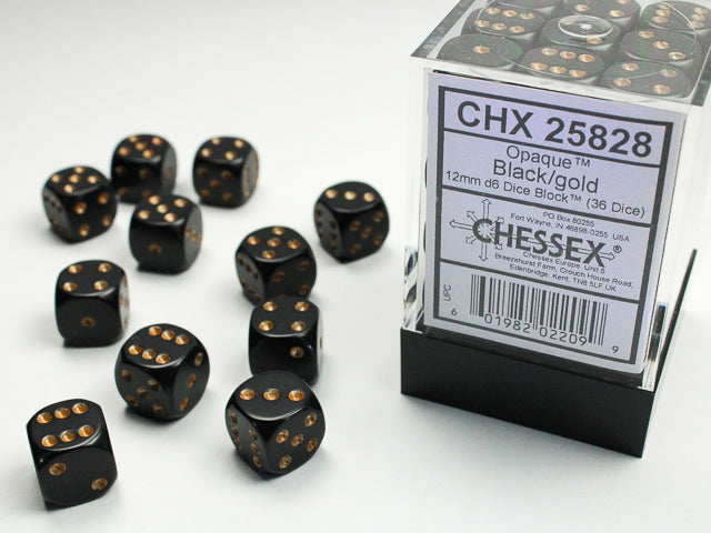 Chessex: Opaque Black/Gold 12mm D6 Dice Block (36 dice)