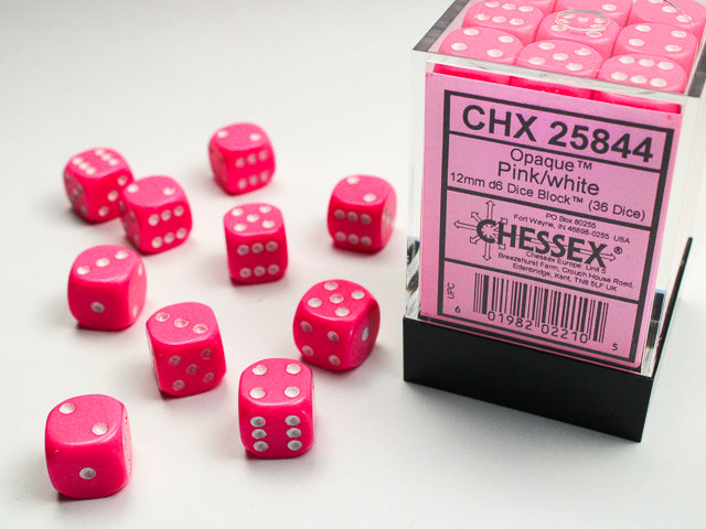 Chessex: Opaque Pink/white 12mm D6 Dice Block (36 dice)