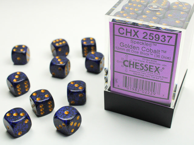 Chessex: Speckled Golden Cobalt 12mm D6 Dice Block (36 dice)