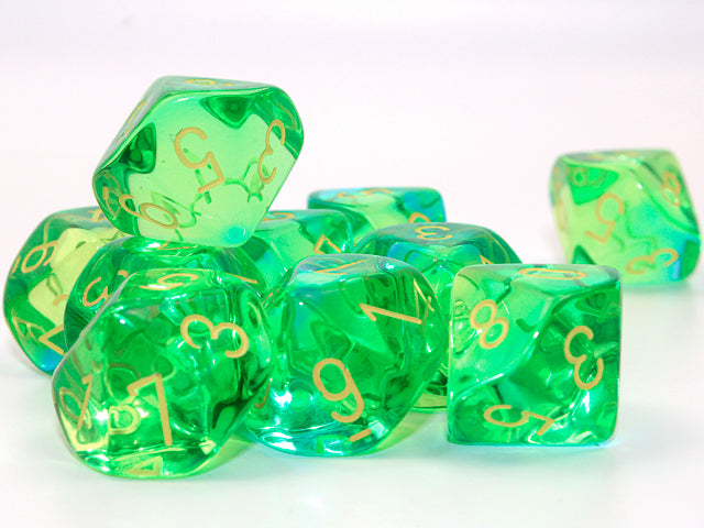 Chessex Gemini translucent Green-teal/yellow Set of Ten d10