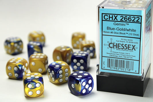 Chessex: Gemini Blue/Gold 16mm D6 Dice Block (12 dice)