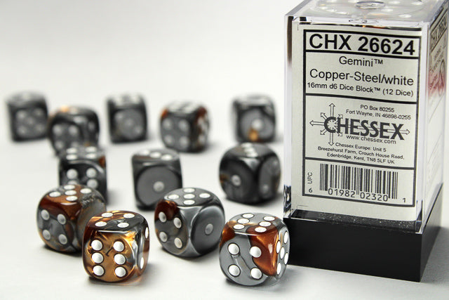 Chessex: Gemini Copper/Steel 16mm D6 Dice Block (12 dice)