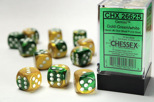 Chessex: Gemini Gold/Green 16mm D6 Dice Block (12 dice)