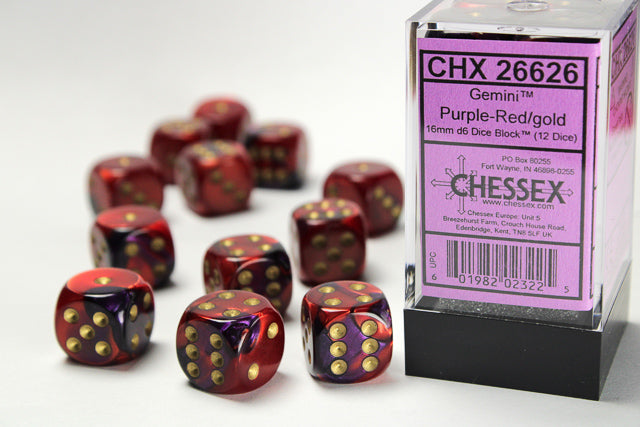 Chessex: Gemini Purple/Red 16mm D6 Dice Block (12 dice)