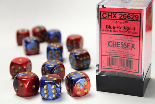Chessex: Gemini Blue-Red/Gold 16mm D6 Dice Block (12 dice)