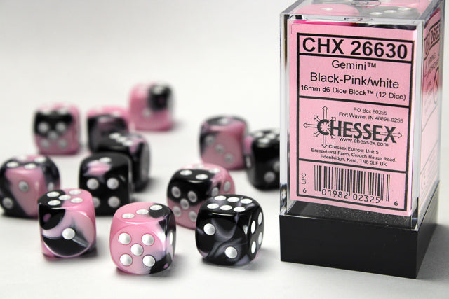 Chessex: Gemini Black-Pink/White 16mm D6 Dice Block (12 dice)