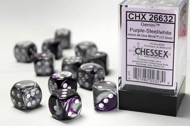 Chessex: Gemini Purple-Steel/White 16mm D6 Dice Block (12 dice)