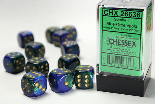 Chessex: Gemini Blue-Green/Gold 16mm D6 Dice Block (12 dice)