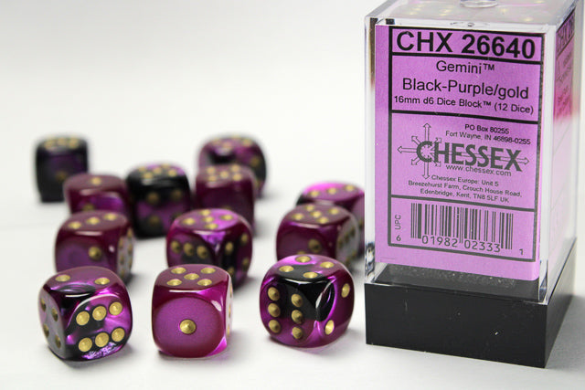 Chessex: Gemini Black-Purple/Gold 16mm D6 Dice Block (12 dice)