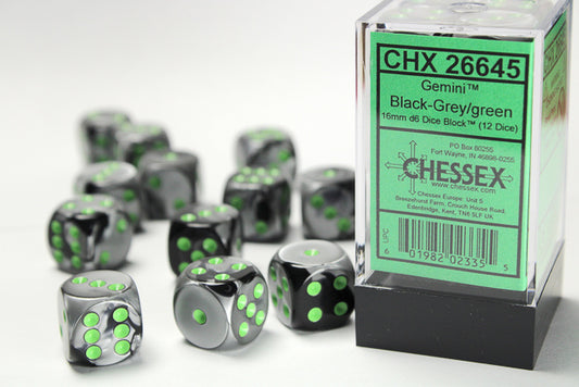 Chessex: Gemini Black-Grey/Green 16mm D6 Dice Block (12 dice)