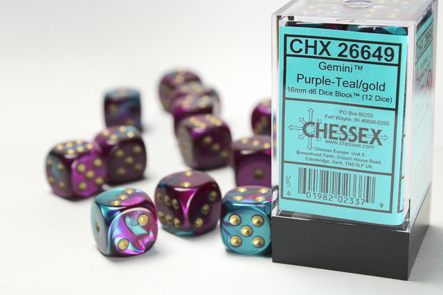 Chessex: Gemini Purple-Teal/Gold 16mm D6 Dice Block (12 dice)