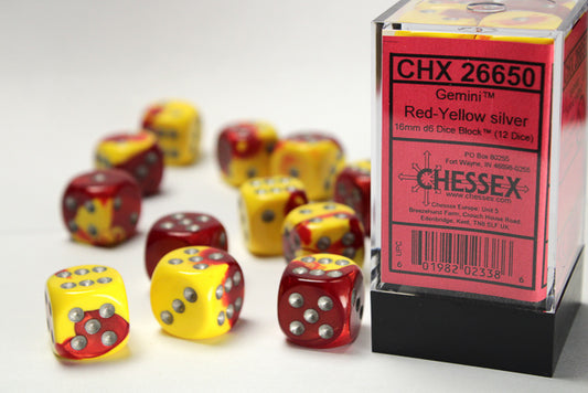 Chessex: Gemini Red-Yellow/Silver 16mm D6 Dice Block (12 dice)