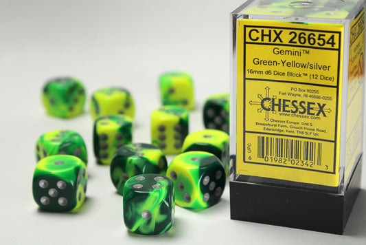 Chessex: Gemini Green-Yellow w/ Silver 16mm Dice Block (12 dice)
