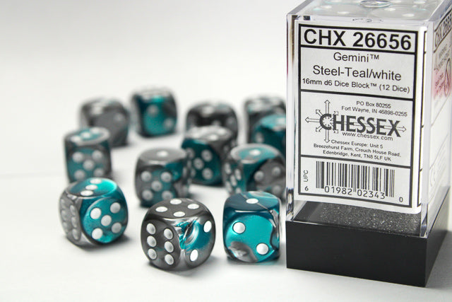 Chessex: Gemini Steel-Teal w/ White 16mm Dice Block (12 dice)