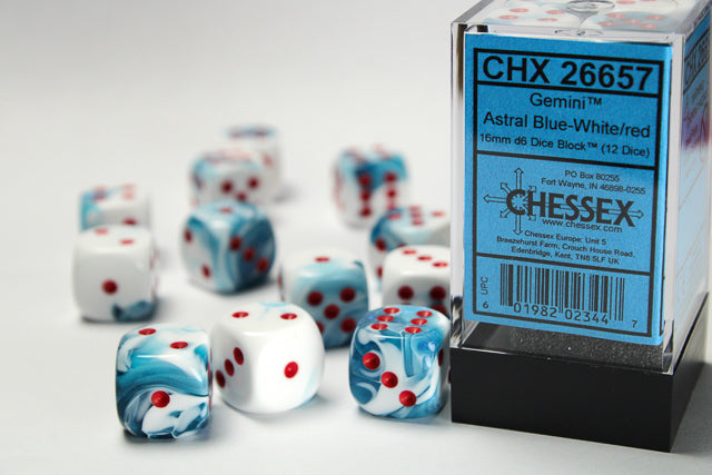 Chessex: Gemini Astral Blue White / Red 16mm Dice Block (12 dice)