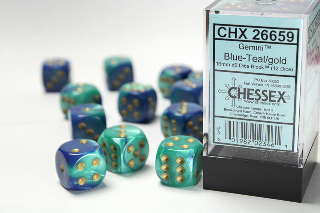 Chessex: Gemini Blue-Teal/Gold 16mm D6 Dice (12 dice)