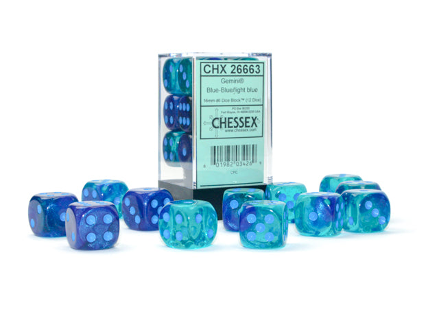 Gemini Blue-Blue/Light Blue 16mm D6 Dice Block (12 dice)