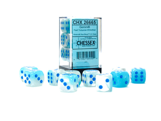 Gemini Pearl Turquoise-White/Blue 16mm D6 Dice Block (12 dice)