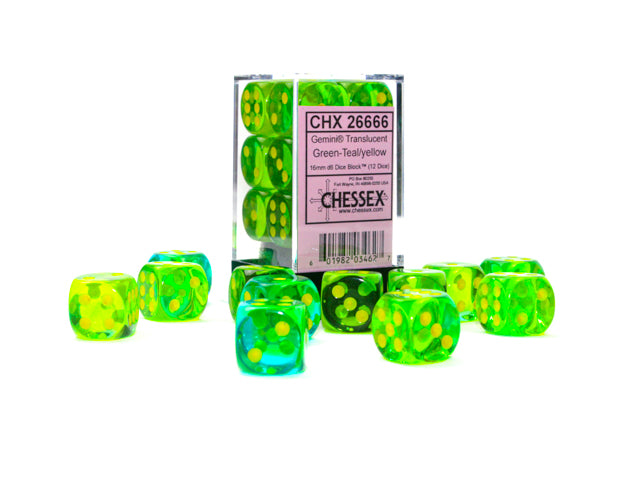 Gemini Translucent Green-Teal/Yellow 16mm D6 Dice Block (12 dice)