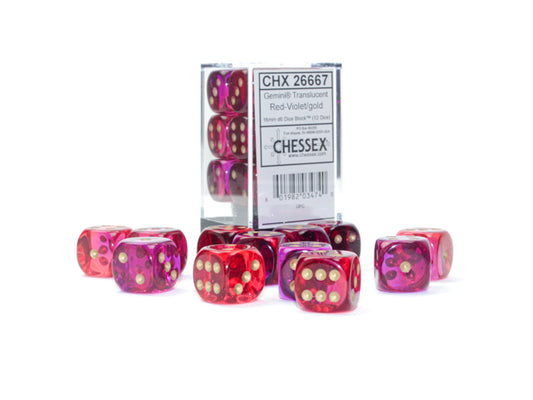 Gemini Translucent Red-Violet/Gold 16mm D6 Dice Block (12 dice)