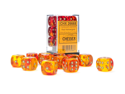Gemini Translucence Red-Yellow/Gold 16mm D6 Dice Block (12 dice)