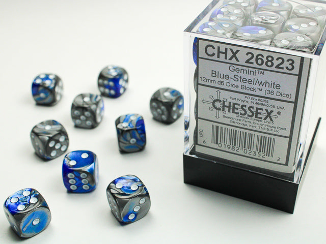 Chessex: Gemini Blue/Steel 12mm D6 Dice Block (36 dice)