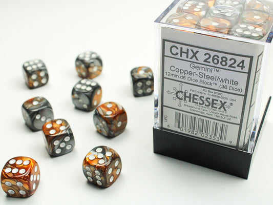 Chessex: Gemini Copper/Steel 12mm D6 Dice Block (36 dice)