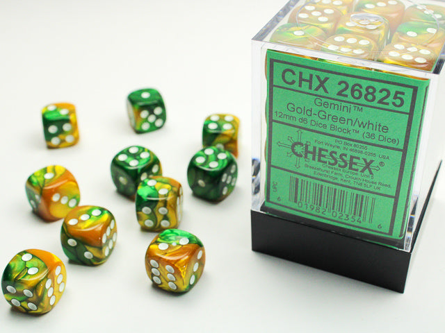 Chessex: Gemini Gold/Green 12mm D6 Dice Block (36 dice)