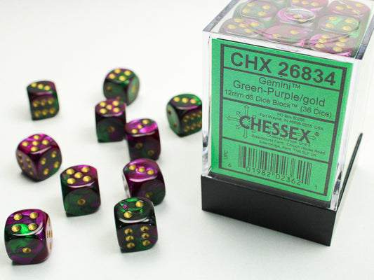 Chessex: Gemini Green-Purple/Gold 12mm D6 Dice Block (36 dice)