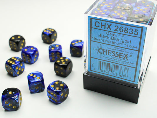 Chessex: Gemini 12mm D6 Black-Blue/Gold 12mm D6 Dice Block (36 dice)