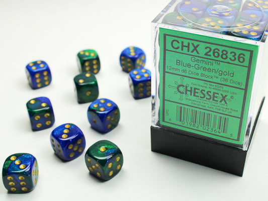 Chessex: Gemini Blue-Green/Gold 12mm D6 Dice Block (36 dice)