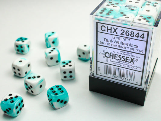 Chessex: Gemini Teal-White/Black 12mm D6 Dice Block (36 dice)