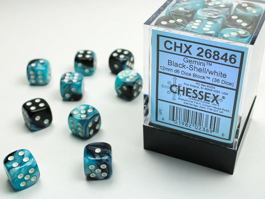 Chessex: Gemini Black-Shell/White 12mm D6 Dice Block (36 dice)