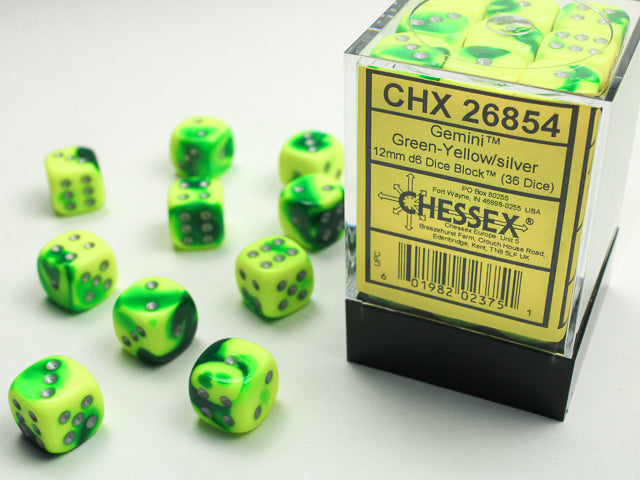 Chessex: Gemini Green-Yellow w/ Silver 12mm D6 Dice Block (36 dice)