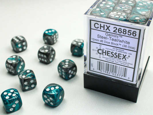 Chessex: Gemini Steel-Teal w/ White 12mm D6 Dice Block (36 dice)