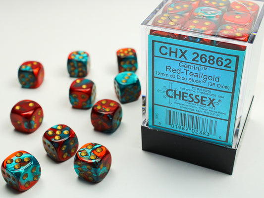 Chessex: Gemini Red Teal / Gold 12mm D6 Dice Block (36 dice)