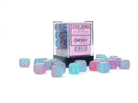 Gemini Gel Green-Pink/Blue 12mm D6 Dice Block (36 dice)