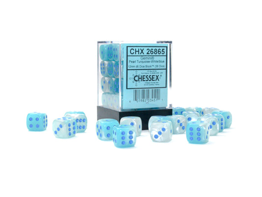 Gemini Pearl Turquoise-White/Blue 12mm D6 Dice Block (36 dice)