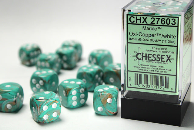 Chessex: Marble Oxi-copper/ White 16mm D6 Dice Block (12 dice)